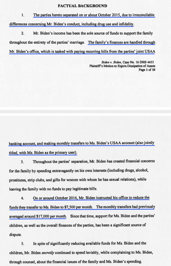 In Feb 2017, soon-to-be ex wife Kathleen filed a Motion to Enjoin Further Dissipation of Marital Assets. Hunter had slashed his monthly payments for her and the kids from $17,000 to $7,500.(Note USAA account! Wasn't he kicked out of Navy in 2014?) https://www.scribd.com/document/427409919/Hunter-Biden-Total-Sleazebag#download