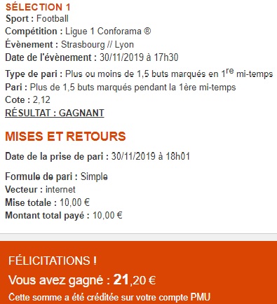 PronoFootCash's tweet photo. Pari Live Gagnant 🔥🔥
On continue d'encaisser sur #RCSAOL 
Cote 2,12 , mise 10€ 
Gain : 21,20€ 
Merci @PMU_Sport 😉
Vous voulez d autres paris 
RT et Follow 
@PronoFootBOOM1

#TeamParieur #RCSAOL #TeamParieurs #OM #OL #PSG #RCSA #ASM #LOSC https://t.co/zZRcUlLCP0