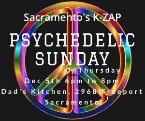 SacZAP's tweet image. It’s coming this week join Sacramento’s K-ZAP.org/listen @dadslandpark for “Psychedelic Sunday on Thursday.  Tasty food specials, trivia contests &amp;amp; K-ZAP t-dye shirts on sale for the holidays. #dadskitchenlandpark #afterworkfun #happyhour #landparksacramento #kzaporg