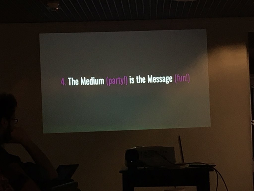 chouxsalad's tweet photo. Next up is “partypooper” @shalev_moran who begins by putting a photo from an indie festival party & an industry trade show party side by side to make powerful point that there is little aesthetic distinction between them and that structures of power remain intact in both #gaia19 https://t.co/28aDz3KOSS