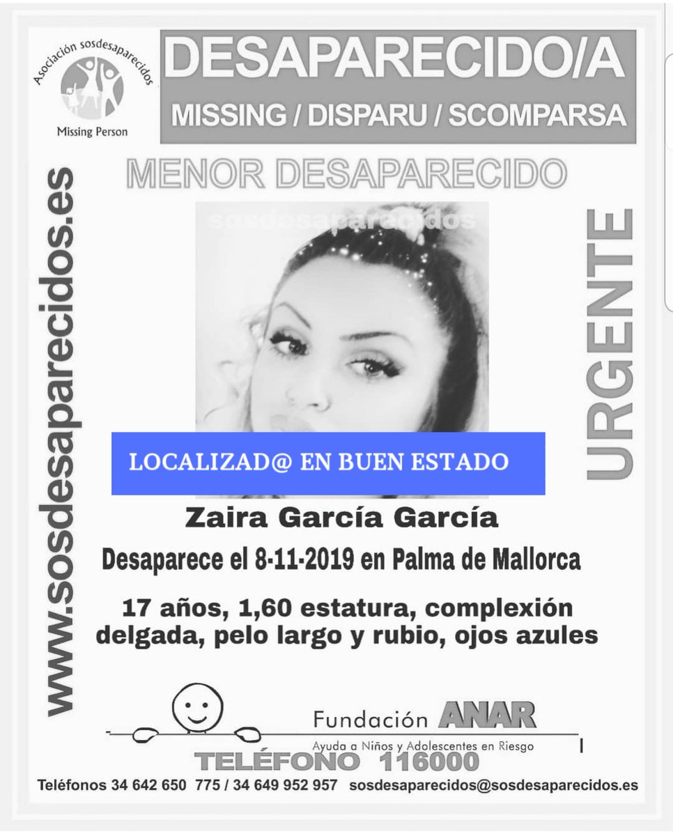 guardiacivil's tweet photo. ¡Buenas noticias! 👏👏
Zaira ha sido localizada en buen estado. #PalmadeMallorca.

Gracias por vuestra colaboración en la difusión de esta desaparición.
[#ALERTADESACTIVADA] https://t.co/oqVzHYTQYN