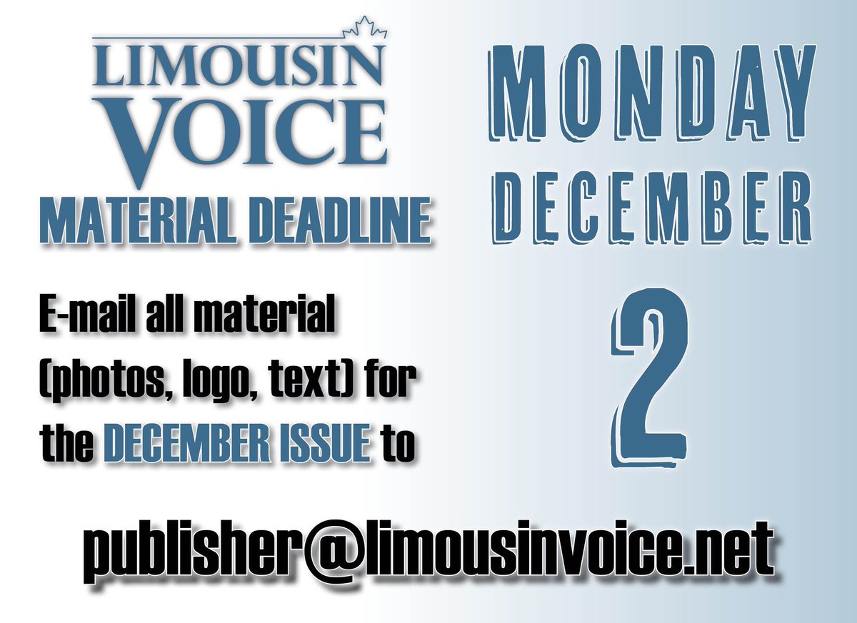 Canadian Limousin (@cdnlimousin) on Twitter photo Limousin Voice advertisers - this Monday, December 2 is the deadline to send your material to publisher@limousinvoice.net if you are taking advantage of our complimentary advertisement design for the Christmas issue ❄️ Limousin Voice advertisers - this Monday, December 2 is the deadline to send your material to publisher@limousinvoice.net if you are taking advantage of our complimentary advertisement design for the Christmas issue ❄️