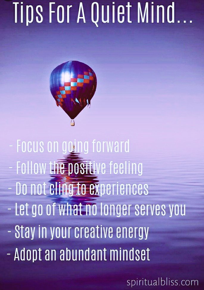 Tips for a Quiet Mind:

- focus on going forward 
- follow positive feelings
- don't cling to experiences
- let go of things no longer serving you
- stay in your creative energy
- adopt an abundance mindset

(Sourced: spiritualbliss)