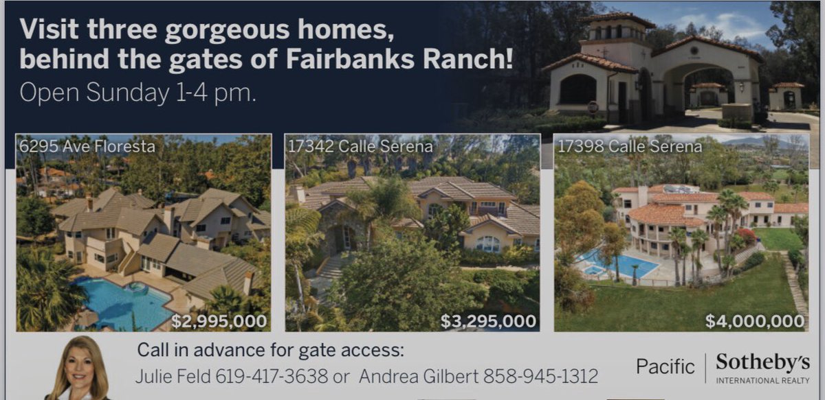 JulieFeldRE's tweet photo. Three open houses in Rancho Santa Fe tomorrow, December 1, 1-4 pm! Call in advance for gate access: 619-417-3638. 😀🏠👍 https://t.co/bqyPba7qQg
