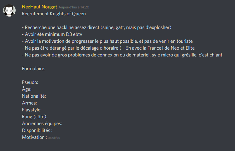 KnightsOfQueen's tweet photo. Knights of Queen est maintenant à la recherche d'une backline ^^ Venez sur le serveur (https://t.co/3gnSaDImhF) si ça vous intéresse, ou allez voir @NeoYuga#4290 en mp ;) https://t.co/M39bV4ZZxY