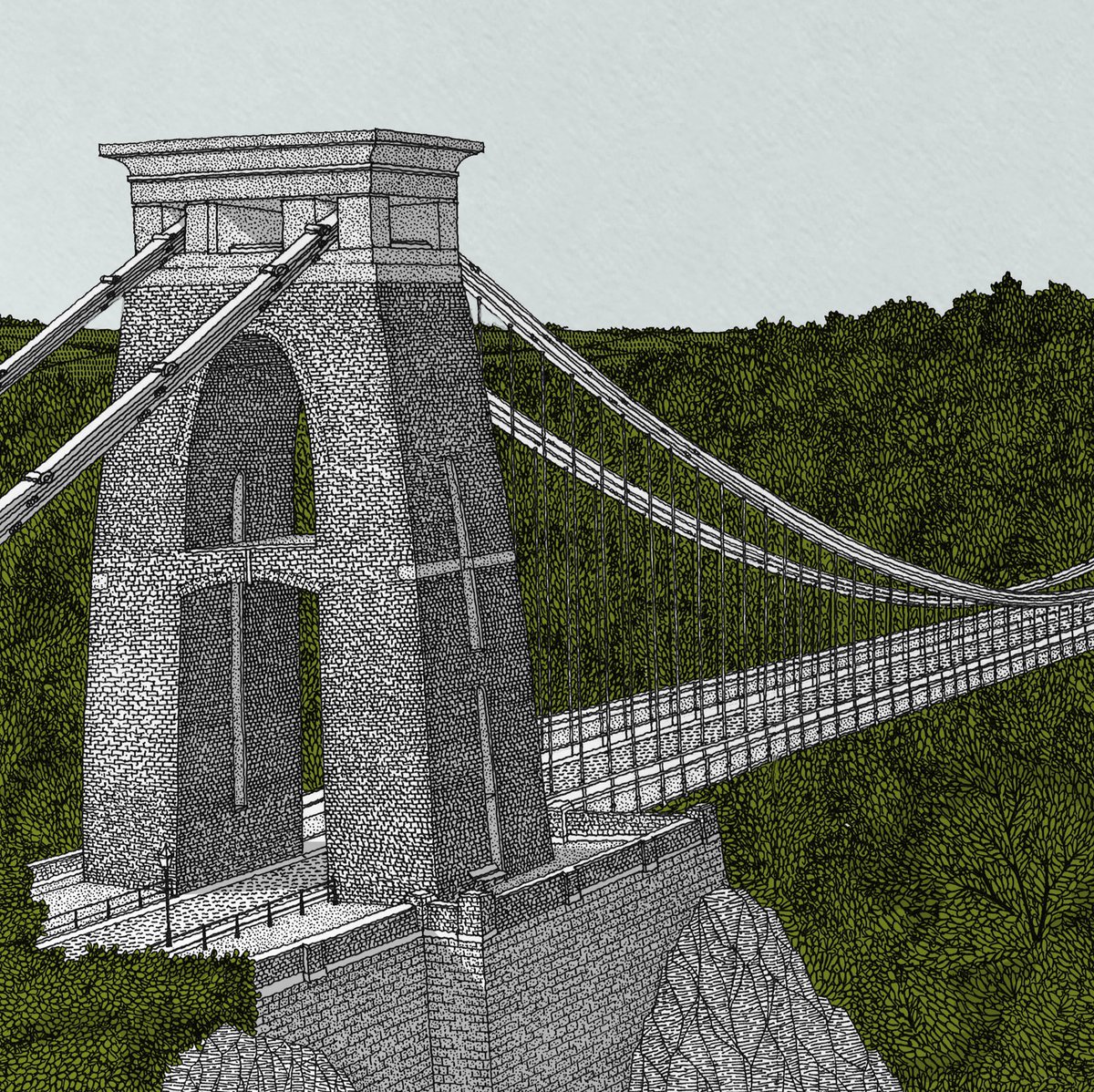 Mr_MichaelLewis's tweet image. Finally managed to capture Brunel's grade I listed Clifton Suspension Bridge in Bristol. The entirely hand drawn piece meticulously captures each stone course of the two bridge towers with the elegant suspension structure spanning between. Now available @ MichaelPaulLewis.com