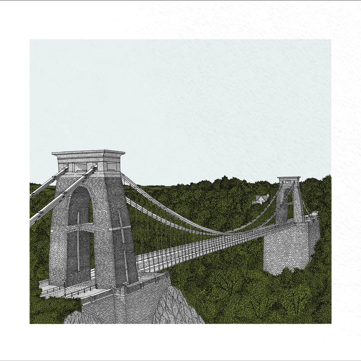 Mr_MichaelLewis's tweet image. Finally managed to capture Brunel's grade I listed Clifton Suspension Bridge in Bristol. The entirely hand drawn piece meticulously captures each stone course of the two bridge towers with the elegant suspension structure spanning between. Now available @ MichaelPaulLewis.com