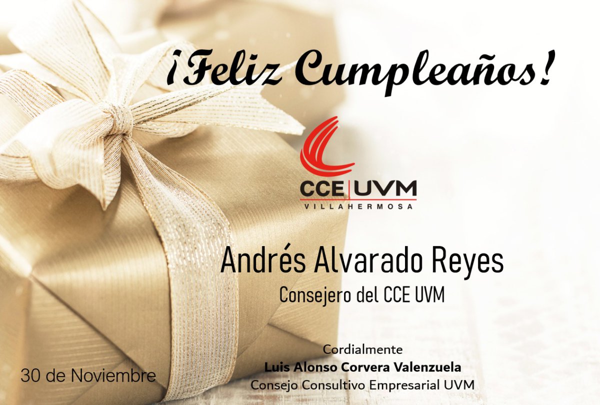 cceuvmvsa's tweet photo. Enviamos una afectuosa felicitación al Act. Andrés Alvarado Reyes, integrante del Consejo Consultivo Empresarial UVM quien se encuentra celebrando un año más de vida.

¡De parte de todos los integrantes del CCE UVM le deseamos un feliz cumpleaños! https://t.co/KMLLUuTrwS