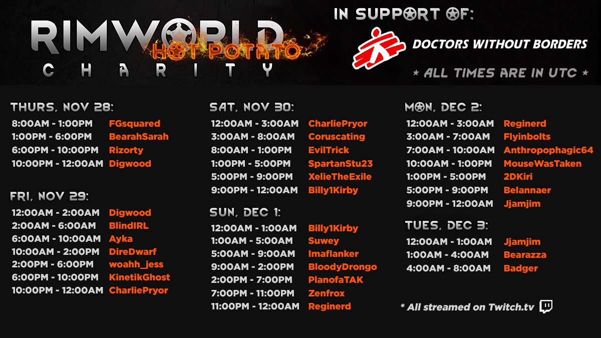 FG_squared's tweet image. With another 36 hours to go the #RimWorld Hot Potato Charity Marathon has already raised over $11000 for @MSF 

You are all absolutely amazing!!