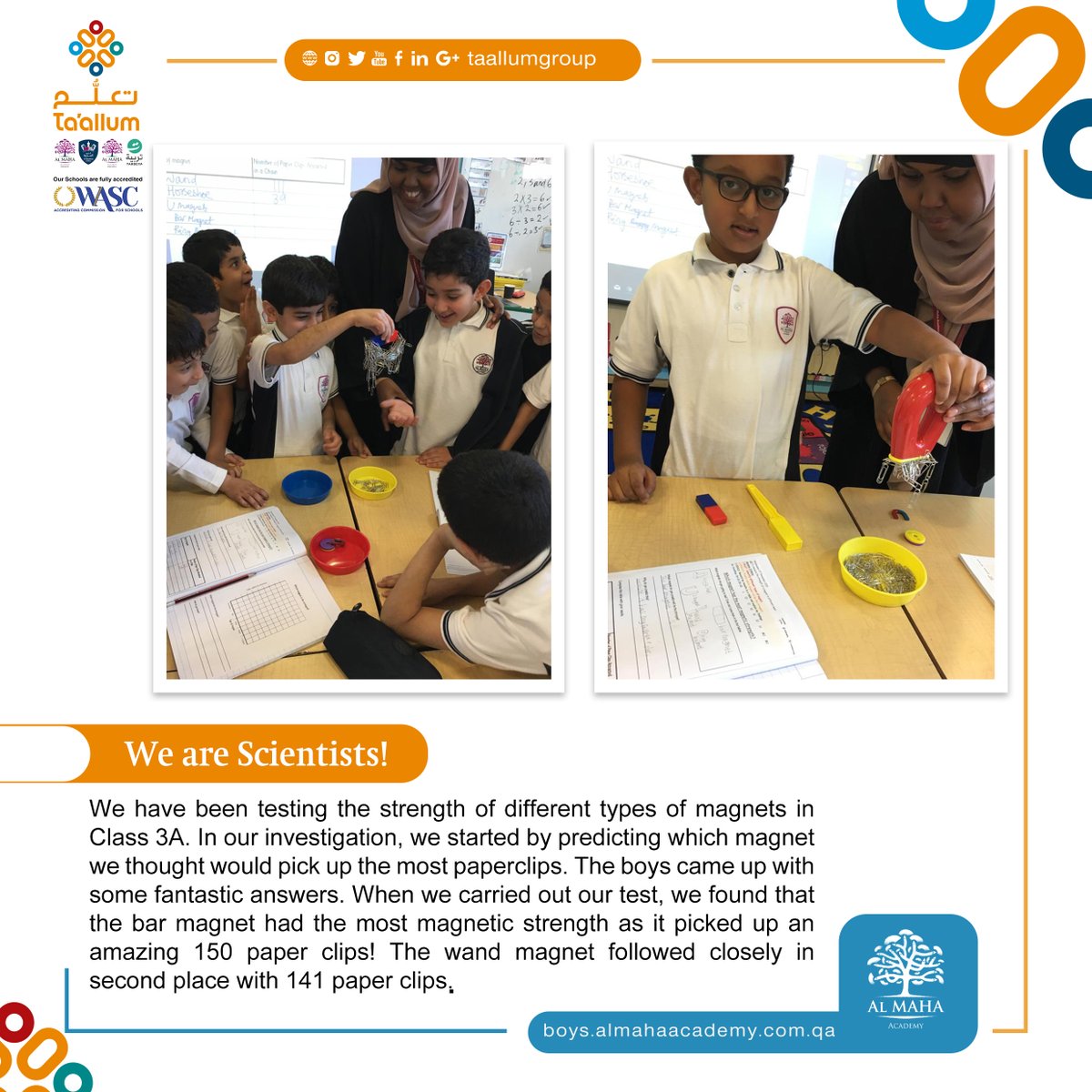 TaallumGroup's tweet photo. We are #Scientists!
We have been testing the strength of different types of magnets in Class 3A. In our investigation, we started by predicting which magnet we thought would pick up the most paperclips....
#taallumgroup #AMAB #international_schools https://t.co/081vx8Rj9O
