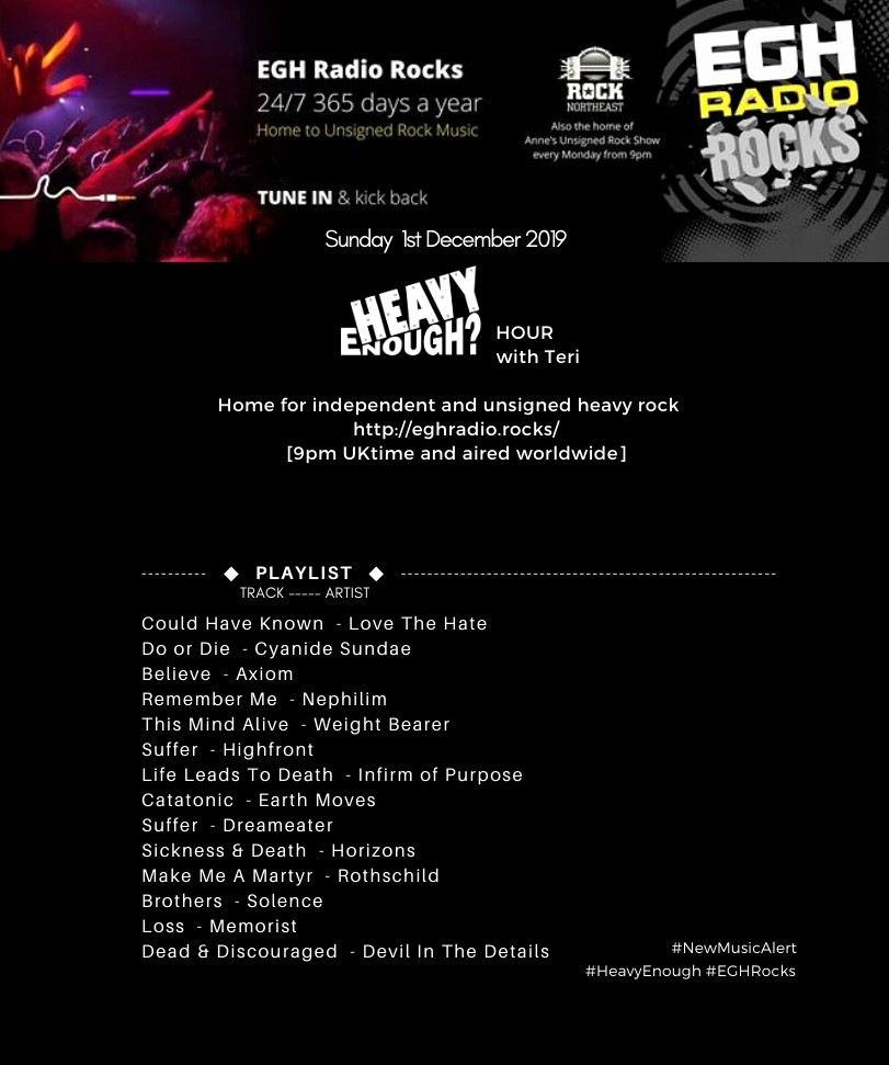 HeavyEnough Hour with Teri (@musicmatterstee) on Twitter photo <Sunday 1st December>
#TuneIn to #HeavyEnough?Hour <a href="/EGHRocks/">EGH Radio Rocks</a>
#radio 9pm UK
⇒eghradio.rocks/player_stream/
awesome new music from -
<a href="/whereearthmoves/">Earth Moves</a>
@DREAMEATERUK
<a href="/OfficialHrzns/">Horizons</a>
<a href="/rothschild_uk/">Rothschild</a>
<a href="/SolenceOfficial/">SolenceOfficial</a>
Memorist
Devil In The Details
#NewMusicAlert
facebook.com/HeavyEnoughHou… <Sunday 1st December>
#TuneIn to #HeavyEnough?Hour <a href="/EGHRocks/">EGH Radio Rocks</a>
#radio 9pm UK
⇒eghradio.rocks/player_stream/
awesome new music from -
<a href="/whereearthmoves/">Earth Moves</a>
@DREAMEATERUK
<a href="/OfficialHrzns/">Horizons</a>
<a href="/rothschild_uk/">Rothschild</a>
<a href="/SolenceOfficial/">SolenceOfficial</a>
Memorist
Devil In The Details
#NewMusicAlert
facebook.com/HeavyEnoughHou…