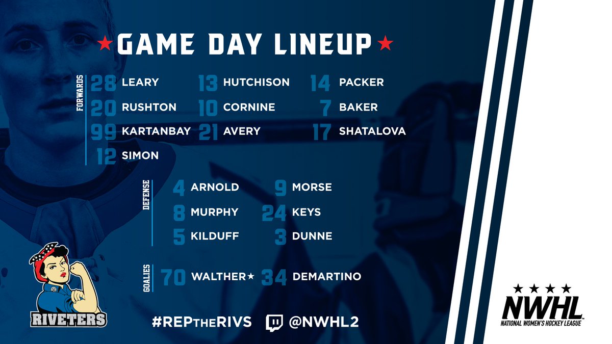 Riveters's tweet photo. It's lineup⏰
We're live on @Twitch at 6:30 against @TheBostonPride 🦁
👀 on @Annakeys11 #reptherivs
📺https://t.co/QFnApbauWh
It will be nice to change it up against @CTWhale_NWHL Sunday if you want to look ahead, plan your day. 🐳 Puck Drop 4:10 https://t.co/dFcz2LCO8G