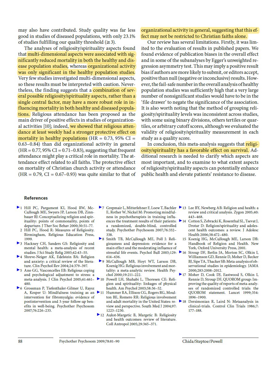 Religion has a beneficial effect on survival. Attending church also decreased mortality. Outside of factors like less smoking/drinking, religion still results in higher rate of survival, better cardiovascular health, and resistance to health problems. https://www.karger.com/Article/Abstract/190791