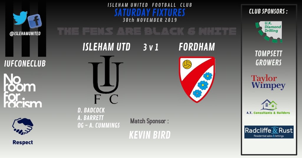 ⚫️⚪️IUFC RESULT⚪️⚫️
THE FENS ARE BLACK &amp; WHITE... After disappointment in the last fixture, IUFC secure the derby rights in a close fought game against <a href="/FordhamFC/">Fordham FC</a> with a thoroughly deserved 3-1 win to claim all 3 points. 
Goals:
@dionbadcock1 
<a href="/baz100284/">Bazzie</a> 
OG - A. Cummings
