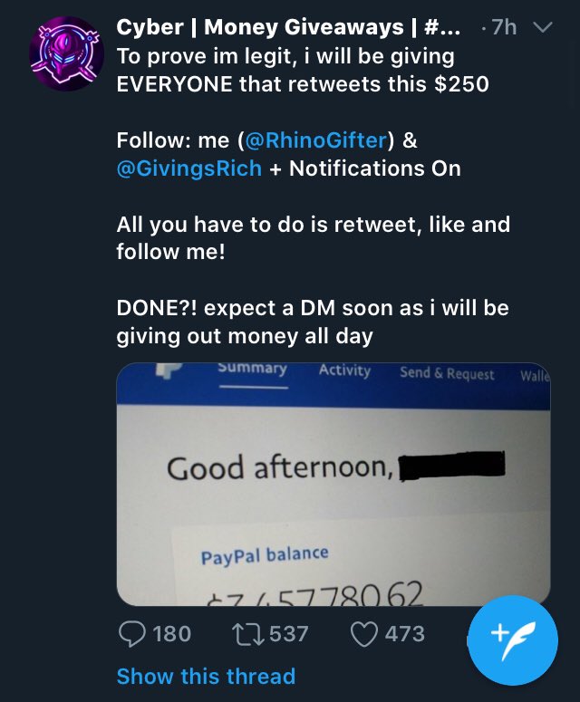 ScamAnnihilator's tweet photo. @snowfulls #snowfulls @CadeMillionare @CadeMillionaire #cademillionaire #cademillionare @TomGifting #tomgifting — @Cybergifter is now @RavenGifter — #ravengifter #cybergifter @TwitterSupport @twitter #twitter #twitterscams #Twitterfraud #twitterscammers #scamalert
Retweet/report! https://t.co/u4FA8DFntD
