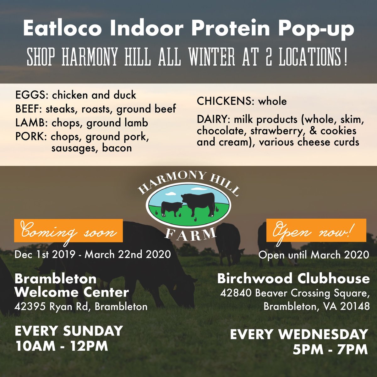 The EatLoco Indoor Protein Pop-Up is OPEN all winter long for you to shop! Farm-fresh dairy, proteins and eggs from @harmony_hillfarm will be ready for you to purchase from 2 locations!

Learn more: eatloco.org/eatloco-popup

#eatloco #harmonyhillfarm #eatlocopopup