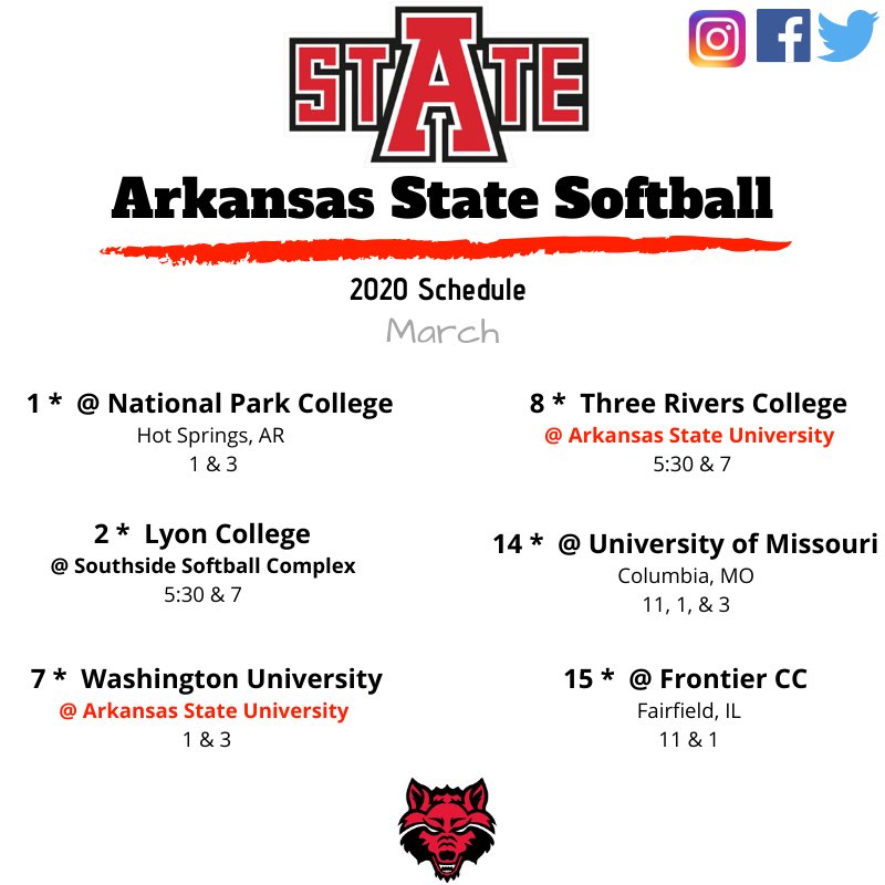 AStateCSoftball's tweet photo. Mark your calendars, the 2020 spring schedule is here‼️‼️

#WolvesUp #GRW 🐺🔥 https://t.co/kVsqlLHeUt