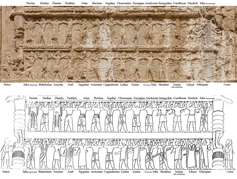 The various soldiers of the army of Darius I are illustrated on the tomb of Darius I at Naqsh-e Rostam, with a mention of each ethnicity in individual labels.Notice that the upper row is all ancient Iranic tribes while non Iranics are below which implies an inferior status.