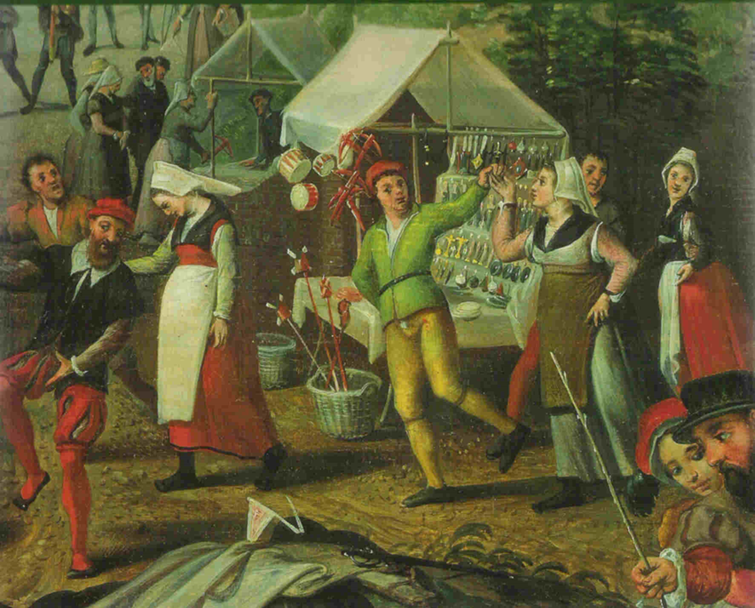 #MedievalTwitter
Pieter Aertsen, Detail of Retour d’un pèlerinage à Saint Antoine (c. 1500) Muséedes Beaux-Arts de Belgique, Brussels. Note the souvenirs and toys for sale in the background.