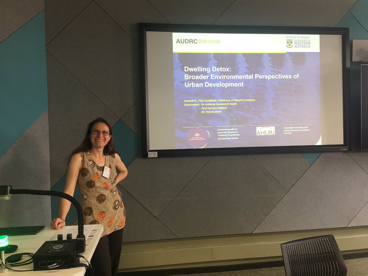 Our first presentation: the very engaging Katia Defendi from @AUDRCPerth and presenting her work on #ESD outcomes in #construction. Part of an @AHURI_Research #phd project #SOAC2019 #SOAC2019PhD