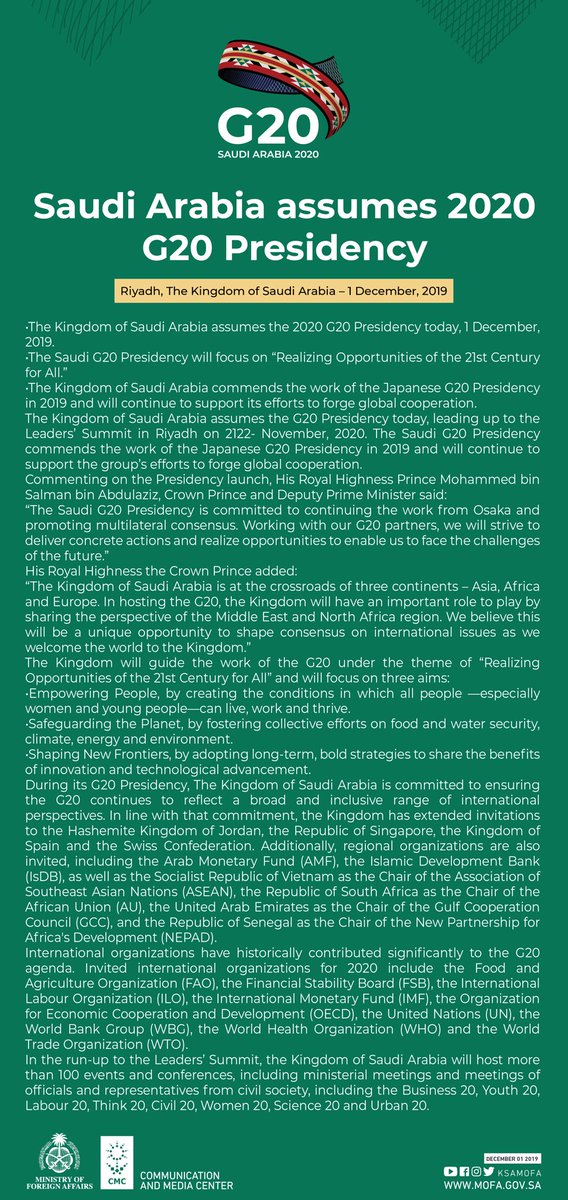 KSAmofaEN's tweet photo. The Kingdom of Saudi Arabia Assumes 2020 #G20 Presidency

#G20SaudiArabia https://t.co/YyHz2YFe09