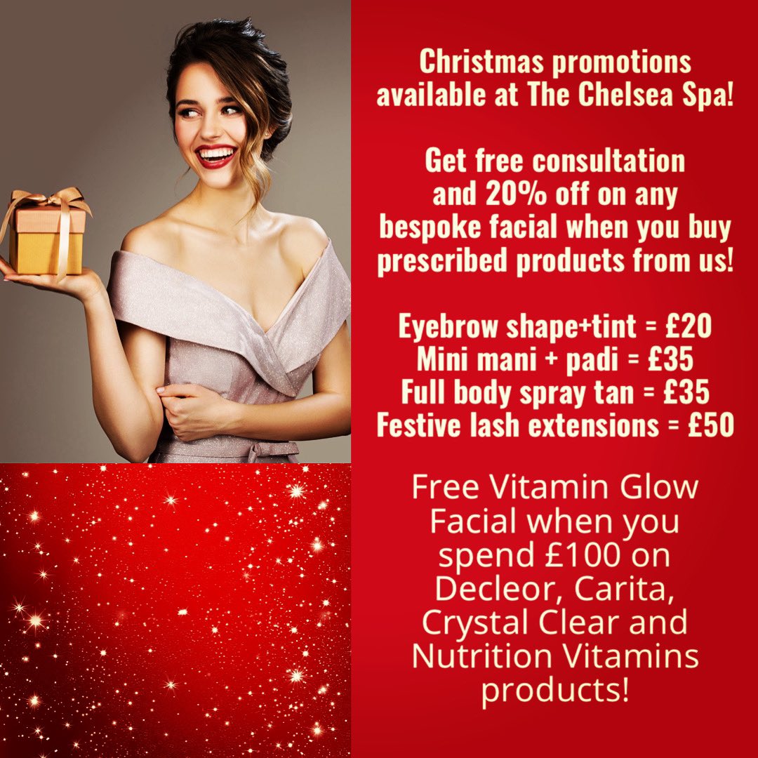 TheChelseaSpa's tweet photo. 🎄Xmas Packages🎄
Eyebrow shape+tint £20;
Mini mani + padi £35;
Full body spray tan £35;
Festive lash extensions £50;
In The Chelsea Spa we use award winning products @decleorparis @caritaparis @crystalclearskincare @caci_beauty 
#thechelseaspa #hollywoodroad #littlechelsea https://t.co/LHnakqO0Tv