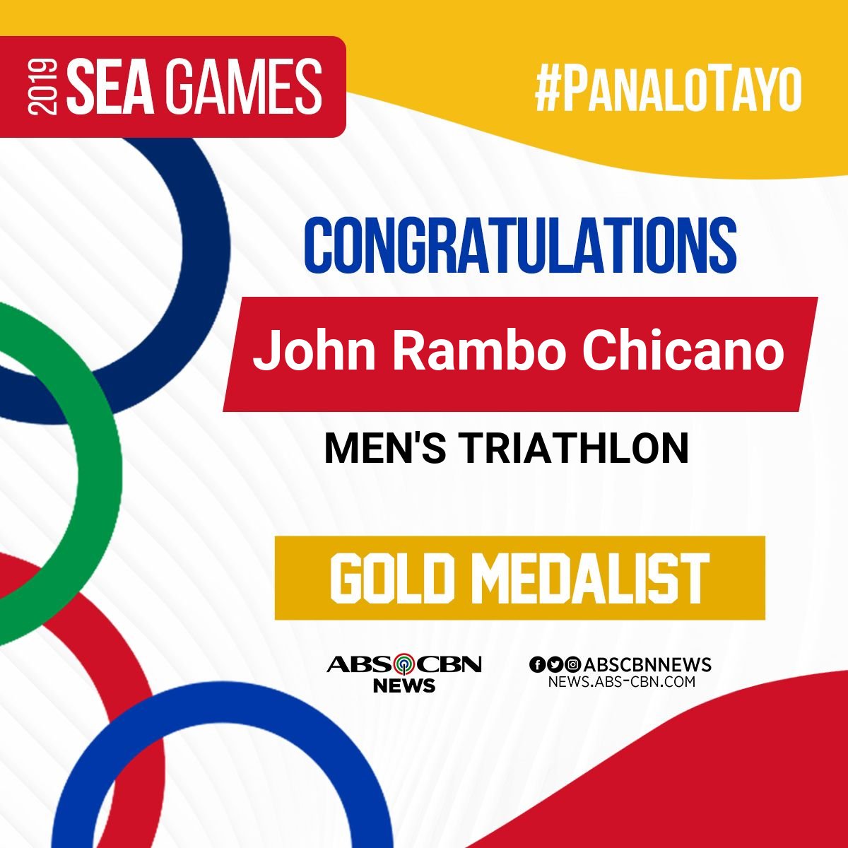 ABSCBNNews's tweet photo. GOLD NO.1: John Rambo Chicano wins gold in the men's individual triathlon event, the first gold medal for the Philippines in #SEAGames2019. #PanaloTayo https://t.co/WMc0d01kS7