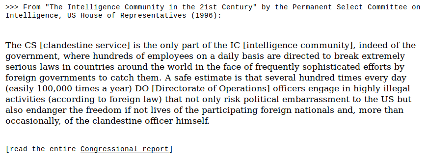 CIA boss John Deutch was pardoned by President Clinton (on his last day in office) for not securing info on his laptop. A 1996 US Congressional report estimated that the CIA was then committing over 100,000 serious crimes abroad every year.  https://web.archive.org/web/20080716130503/http://www.thememoryhole.org/ciacrimes.htm