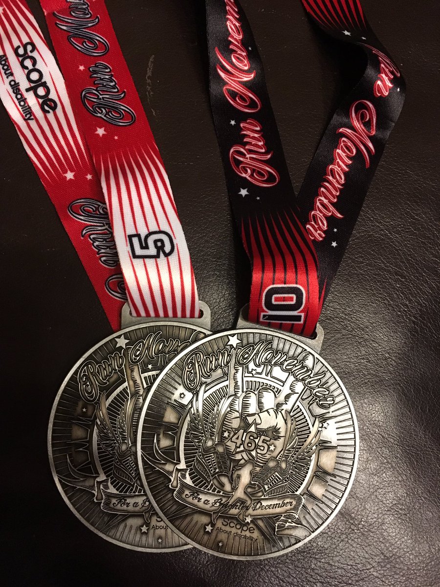 tallrunningirl's tweet photo. #medalnovember for #runnovember 10 events completed & 100 miles. Fantastic chap organised this, ran a mile for each day, starting with 1 on 1st Nov, ending today with 30 on 30th. He is a machine! Check out “Run November” on Facebook to donate to anazing charity @scope @UKRunChat https://t.co/R2vBsJ7vvT