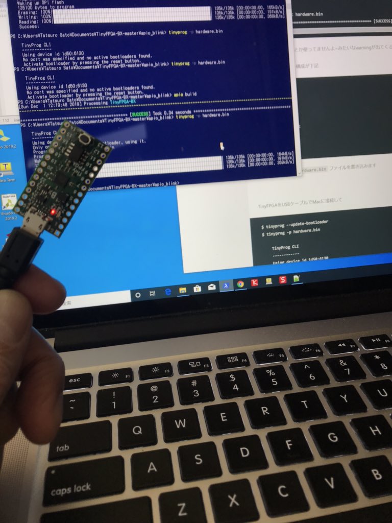 ttrsato's tweet image. Blink サンプル書き込めたんだけど、macOS 環境では、リセット後にしばしばポートが見つからなくなるけど、Winsows では安定してる。#TinyFPGA #tinyprog