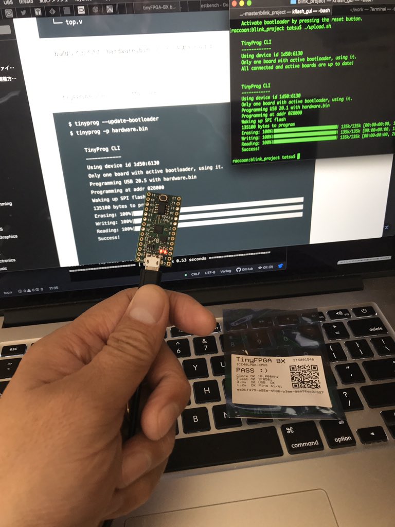 ttrsato's tweet image. Blink サンプル書き込めたんだけど、macOS 環境では、リセット後にしばしばポートが見つからなくなるけど、Winsows では安定してる。#TinyFPGA #tinyprog