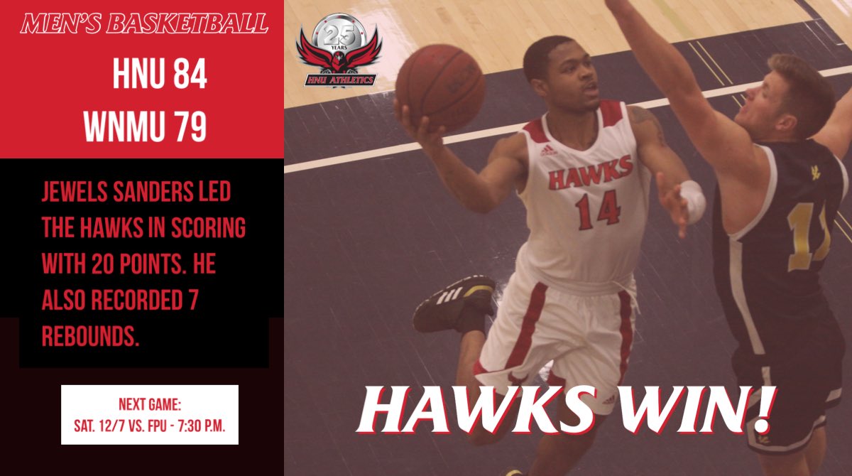 HNUAthletics's tweet photo. Tonight, @hnu_basketball beat Western New Mexico University with a final score of 84-79!  Come support the Hawks next Saturday for the PacWest home opener against Fresno Pacific! https://t.co/QMwolVEcNp