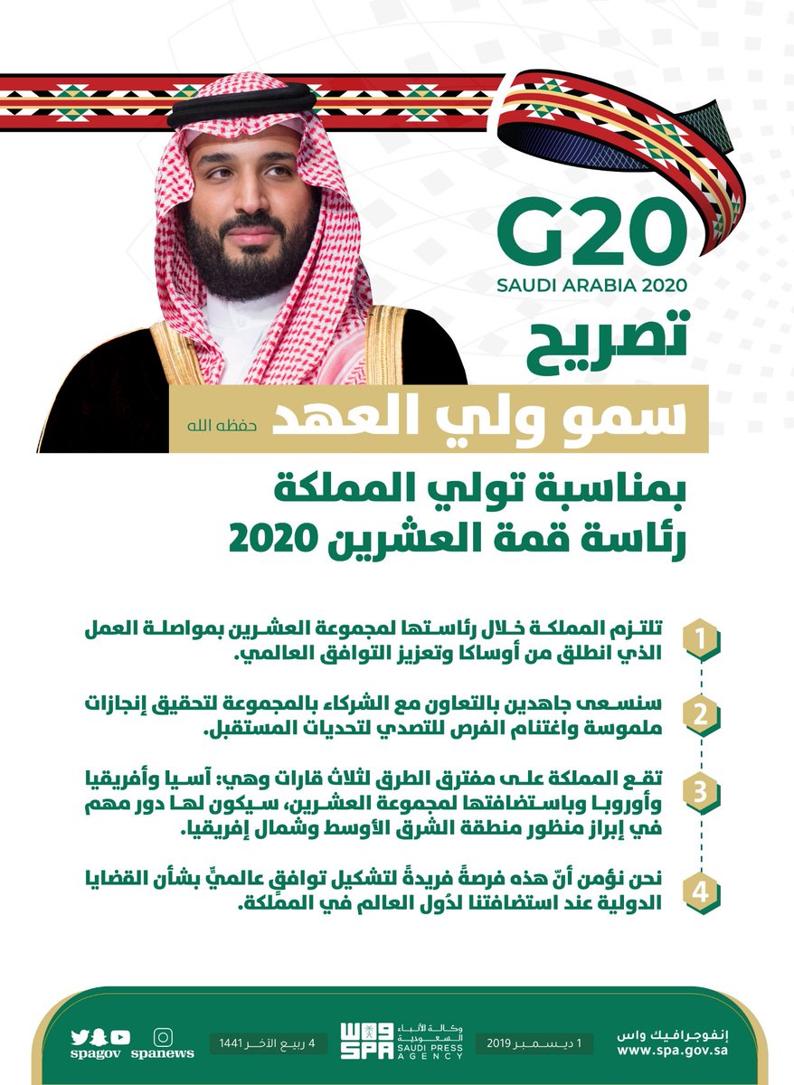 واس الأخبار الملكية On Twitter تصريح سمو ولي العهد بمناسبة تسلم المملكة رئاسة قمة العشرين 2020 فرصتنا لنلهم العالم برؤيتنا واس
