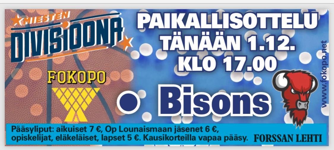 Pelipäivä!

Luvassa on kauden ensimmäinen ensimmäinen paikalliskamppailu <a href="/Biisonit/">BISONS</a> vastaan Feeniksissä.

Tip-off klo 17.00!

#M1DA