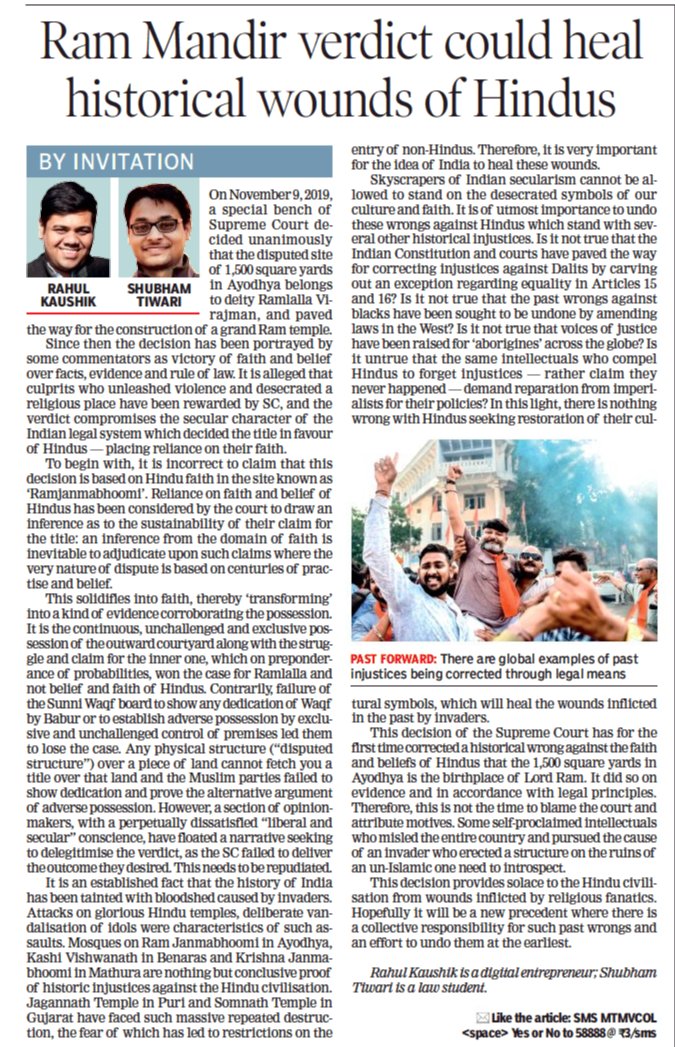 kaushkrahul's tweet image. 'Skyscrapers of Indian secularism can't be allowed to stand on desecrated symbols of our culture & faith.
It is of utmost importance to undo these wrongs against Hindus which stand with several other historical injustices.'
@shubhamtiwariOM & I write for the @timesofindia.