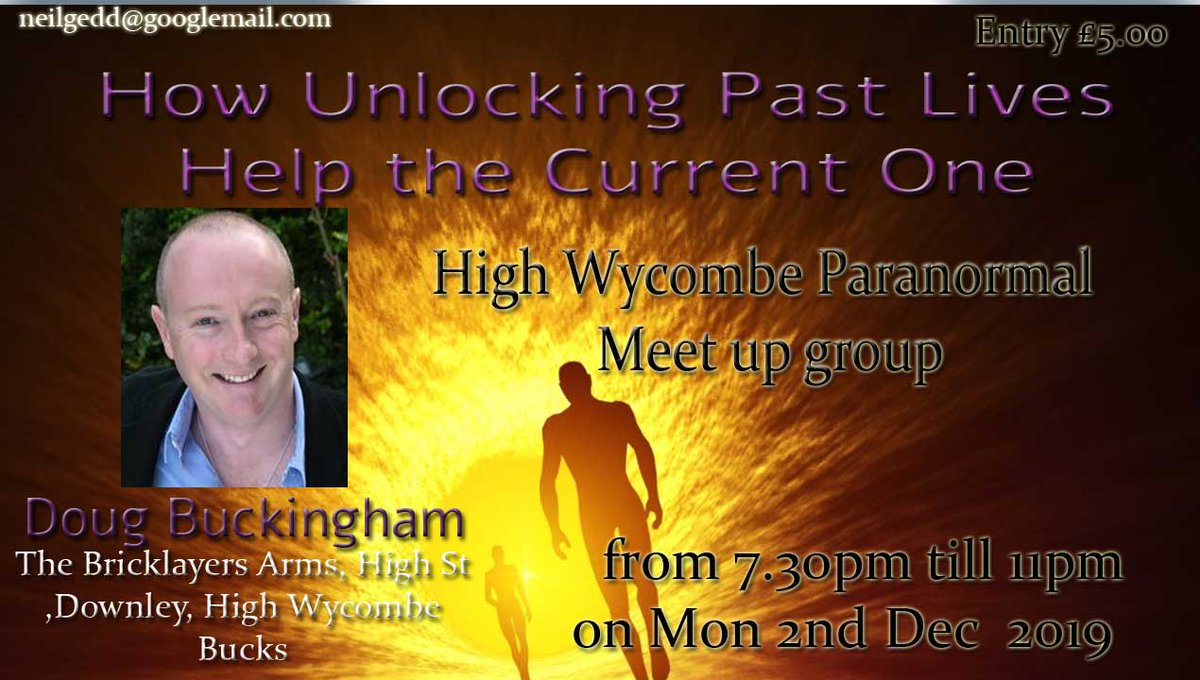 Neilgedd's tweet photo. High Wycombe Paranormal Meet up this Monday 2nd of Dec with past lives as our subject presented by local Hypnotherapist, Doug Buckingham https://t.co/BJQuVNel8O