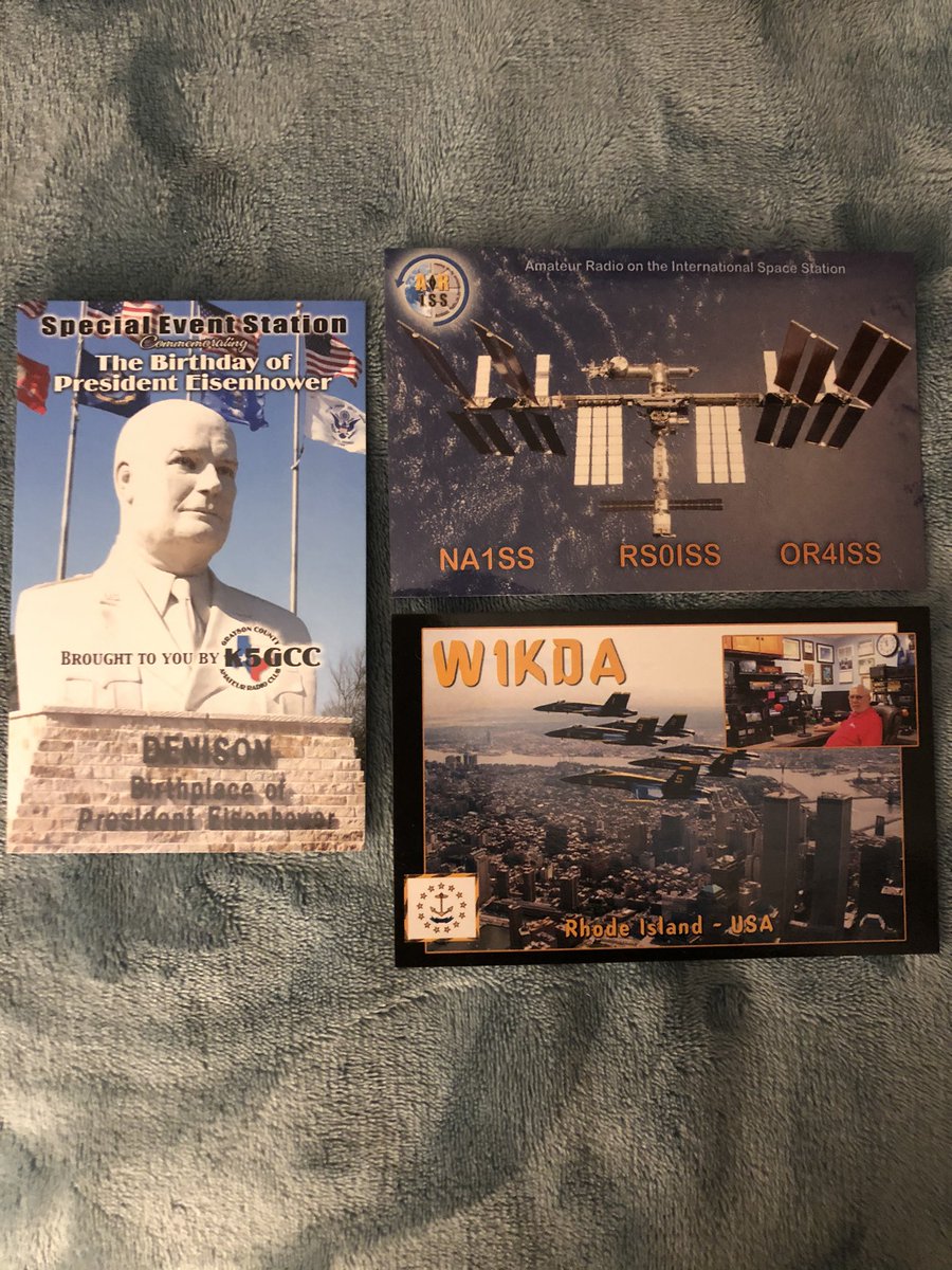 NC3C_RM's tweet photo. A fantastic trio of QSL cards in the mail today. Thrilled to receive my card from @ARISS_status, and the #W5K special event card celebrating Eisenhower is great, but #W1KDA’s card is both beautiful and very sad (look closely). These all represent some of our best. God bless 🇺🇸 https://t.co/XuNOIgCafb