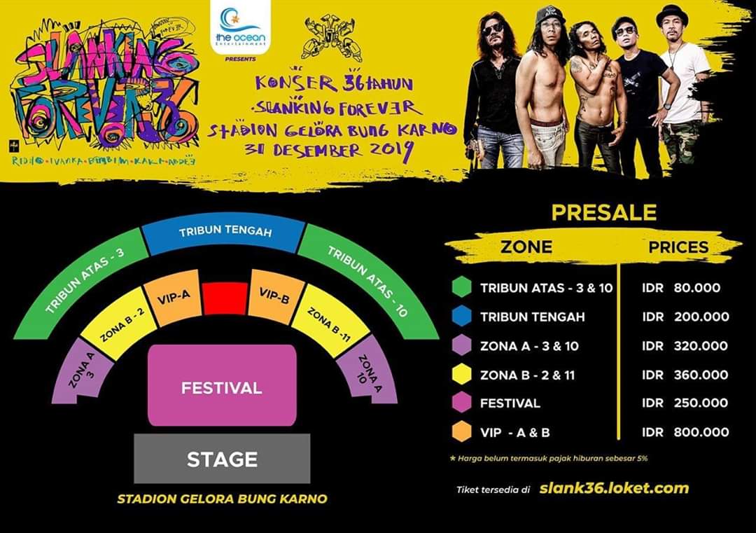 PRESALE TICKET !!!!
SLANKING FOREVER 36 TAHUN 

Buat yang dari kemarin penasaran untuk beli ticket nya nih langsung klik link berikut slank36.loket.com 

let's make a wave guys!!!

*Ticket Presale dibuka pada tanggal 1-7 December 2019

#Slank
#Konser36tahun
#SlankingForever