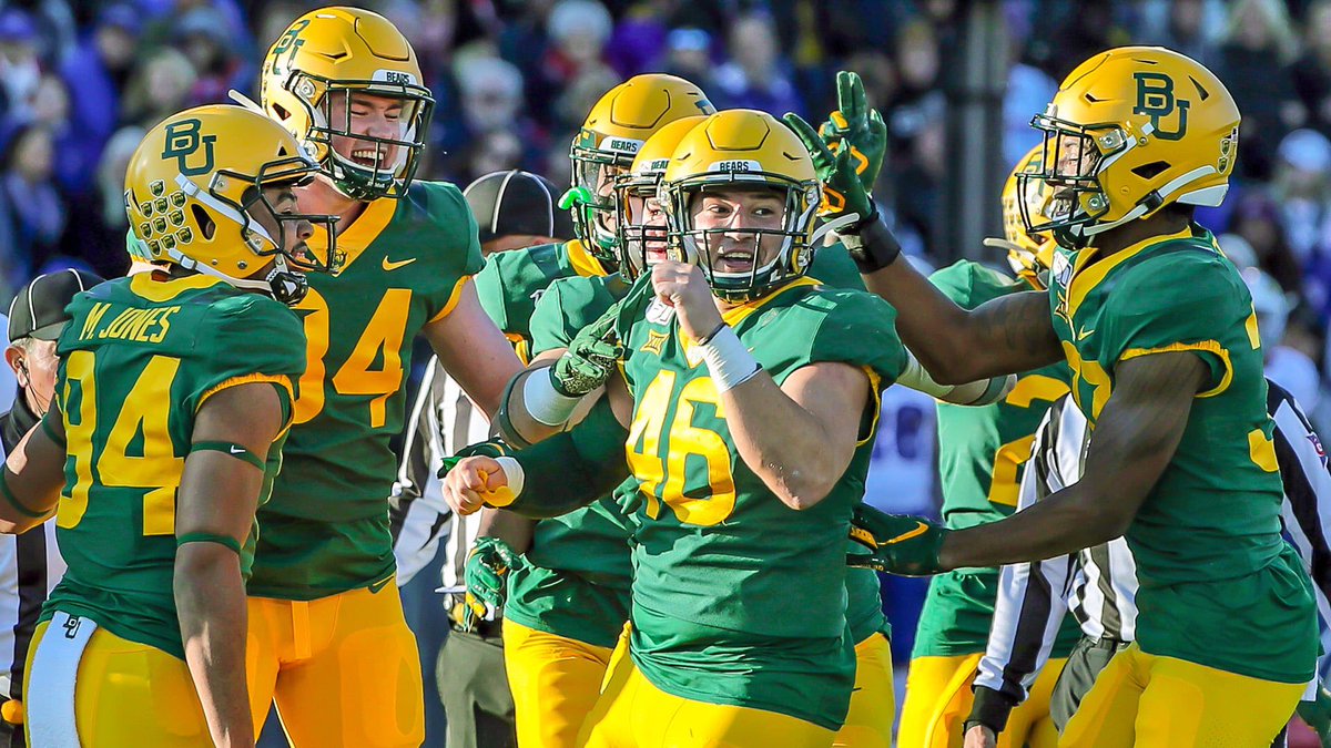 AmyJones711's tweet photo. Baylor Bears Football: From 1-11 in 2017 to 11-1 in 2019. Got the one win against the Kansas Jayhawks &amp; the 11th win against the Kansas Jayhawks! #MarquesJones84 got to be a captain today! #FlipTheDubs #TrustingTheProcess  #SeniorMoments #ExtendedSeason #SmilesSayItAll #30for30 https://t.co/XM9gVVD0Ak