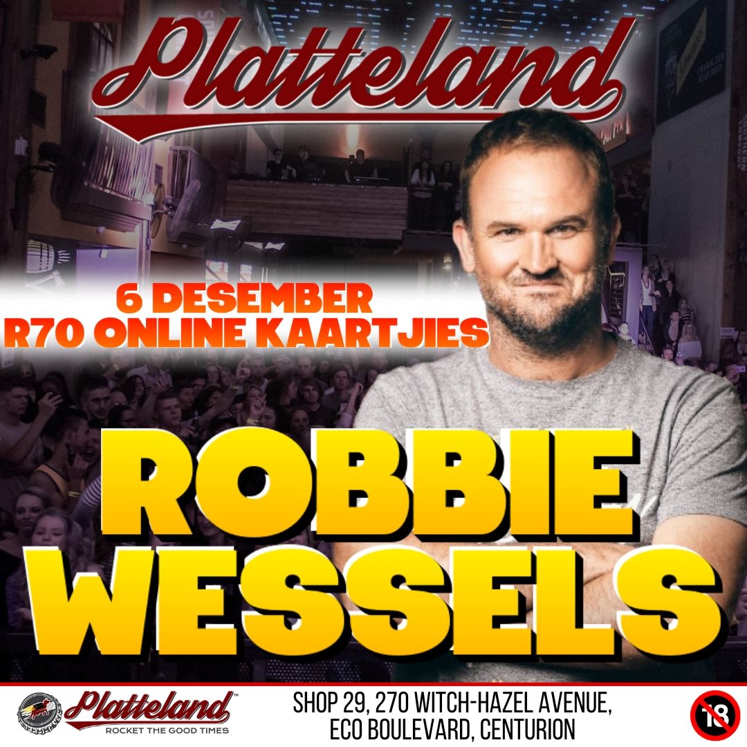 Robbie Wessels by Platteland hierdie Desember!

R70 Online Kaartjies
R100 General Kaartjies by die deur
R120 Balcony Lounge - Net 70 beskikbaar

Koop jou kaartjies by die deur op die dag of op Quicket

#Platteland #PlattelandLive #RobbieWessels