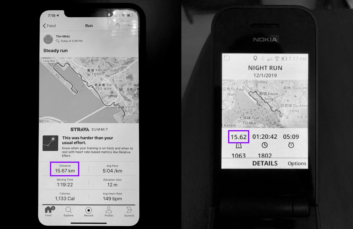 timmetz's tweet image. 🏃‍♂️ #GPS test: $1,000 #iPhone 📱 &amp;amp; @Strava vs. $98 @Nokiamobile Flip &amp;amp; @kaiostech. Not bad! 💪 #smartfeaturephones #running