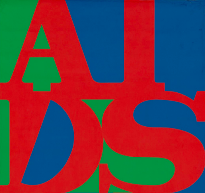 The word "AIDS" in the style of the painting "Love" by Robert Indiana. Colour lithograph by General Idea, c.1987 (detail). 