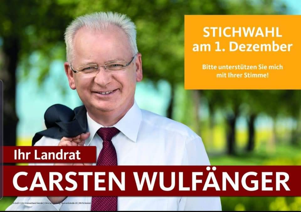 Heute ist 1. Advent 🎄
Heute ist auch Stichwahl. 🗳️
Heute können Sie entscheiden, wer Landrat im Landkreis Stendal wird.
Bitte gehen Sie wählen 🗳️

Unterstützen Sie Carsten #Wulfänger mit Ihrer Stimme. Für unsere #Altmark. Für den Landkreis Stendal. Vielen Dank!