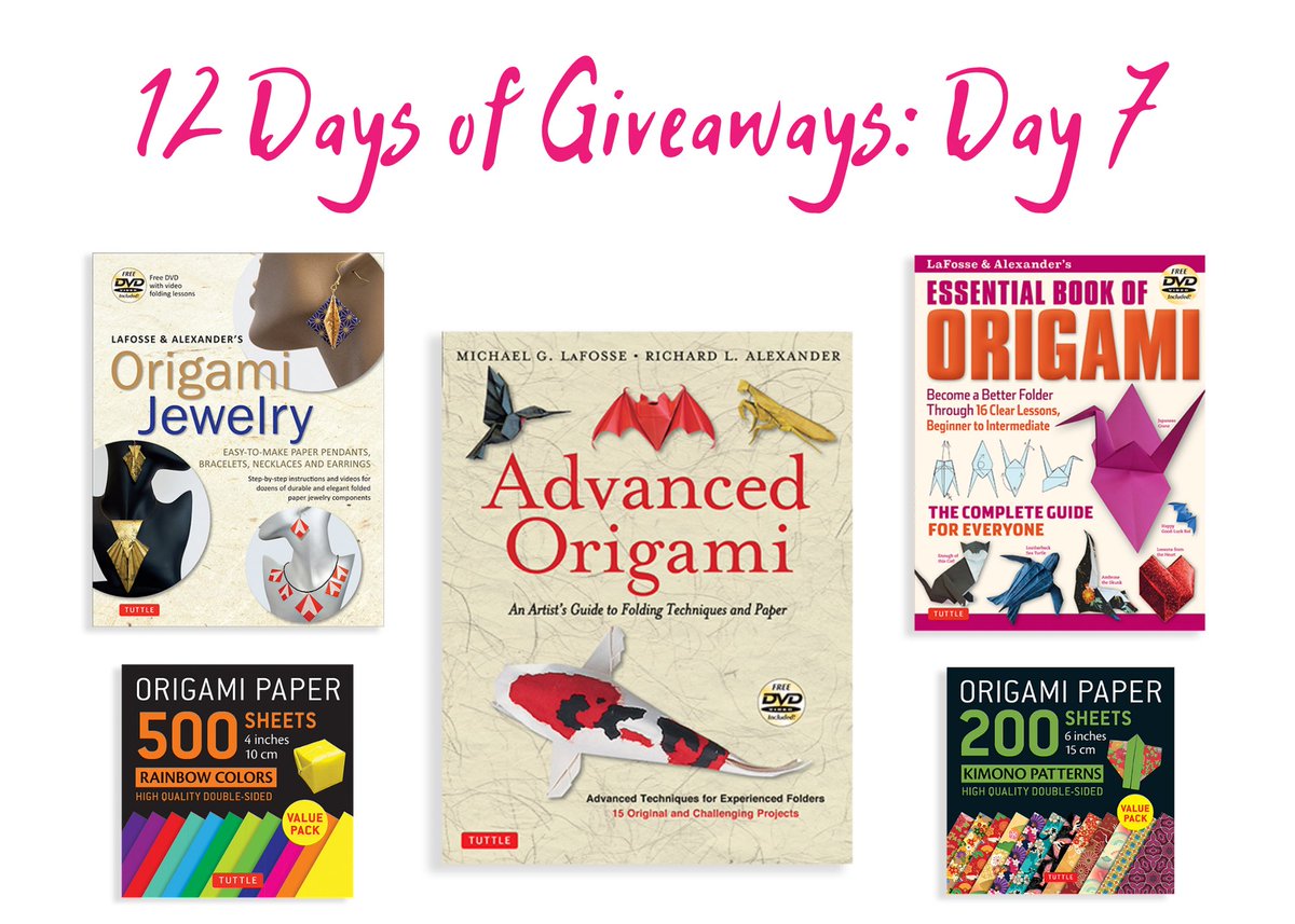 *12 DAYS OF GIVEAWAYS: DAY 7*

Today's prize is:
-Signed copy Advanced Origami
-Signed copy Origami Jewelry
-Signed copy Essential Book of Origami
-Origami paper (Rainbow)
-Origami paper (Kimono)

TO ENTER:
1. Follow <a href="/TuttleBooks/">Tuttle Publishing</a> 
2. Like &amp; RT

(Open only to residents of 🇺🇸🇬🇧🇨🇦)