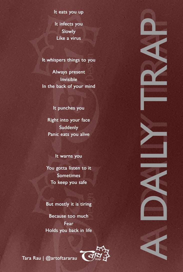 Who doesn't know this feeling, especially when dealing with #anxiety? Poetry and Art against Abuse!

#poetry #poem #ArtagainstAbuse #Mindfulness #fear #art #EmotionalIntelligence #DepressionIsReal #emotionalpoetry #Trapped 

*Image by @artoftararau*