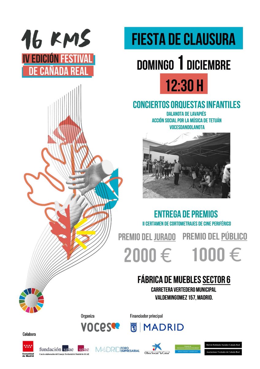 Festival16kms's tweet photo. ¡El festival #16kms llega a su fin!

🎶A las 12:30 te esperamos para un concierto de orquestas infantiles con @dalanotasocial, @FASM_es y #VocesDandoLaNota. 

🎬También tendrá lugar la entrega de premios (2.000 y 1.000 euros) a los ganadores del II certamen de cortometrajes. https://t.co/Kd3AiRx8Om