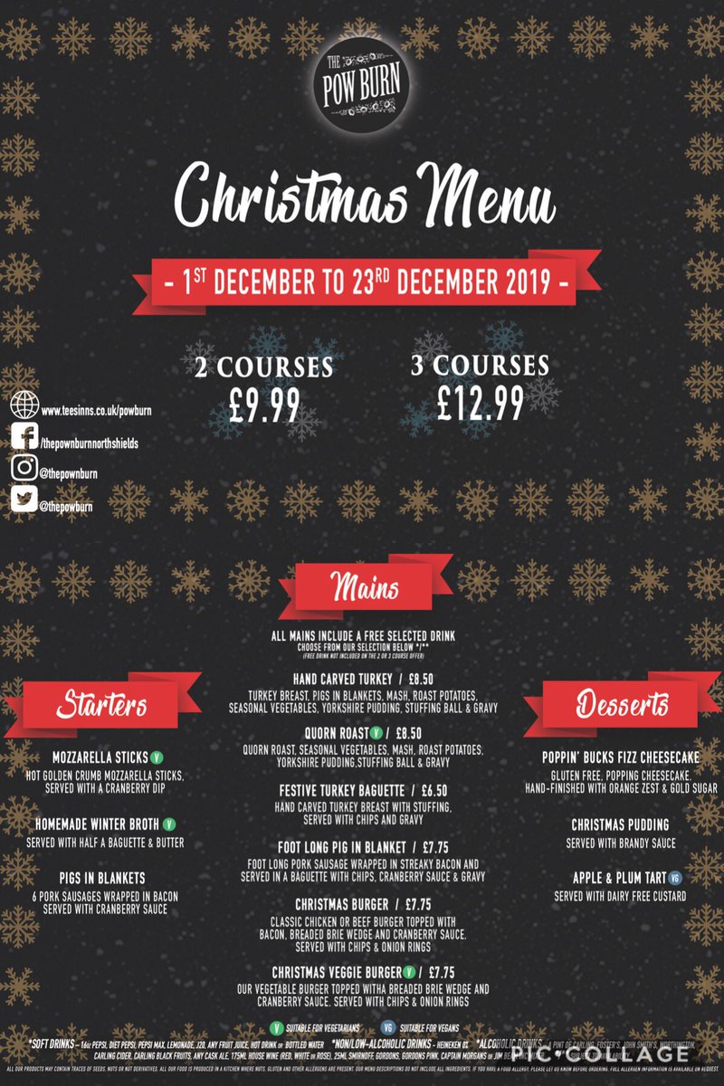 thepowburn's tweet photo. Xmas Menu starts today              Hand Carved Turkey meal inc drink only £8.50
Vegetarian option also available. 

Foot Long Pig in Blanket meal inc drink only £7.75

2 Courses only £9.99 or 3 Courses for only £12.99 🎉🎉🎄🎄#northshields #Independent https://t.co/PmQOVu0jvh