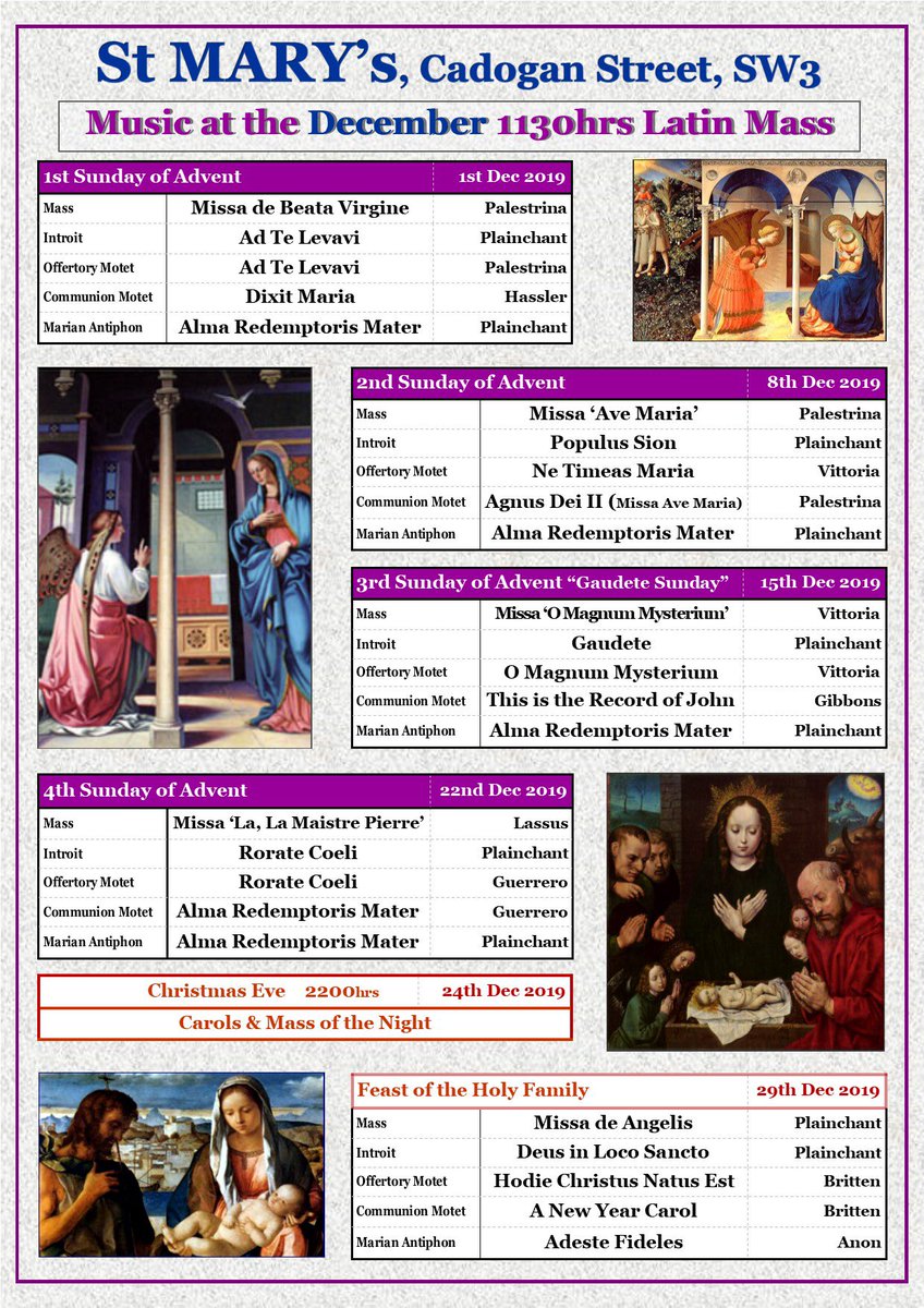 Music <a href="/StMarysChelsea/">St Mary's Cadogan St</a> this Advent includes stunning Marian polyphony by Palestrina, Victoria, Lassus and Guerrero.

We’re also looking for extra singers to join us (and organist Tim Byram-Wigfield) on Dec 24 for our First Mass of Christmas - do spread the word!