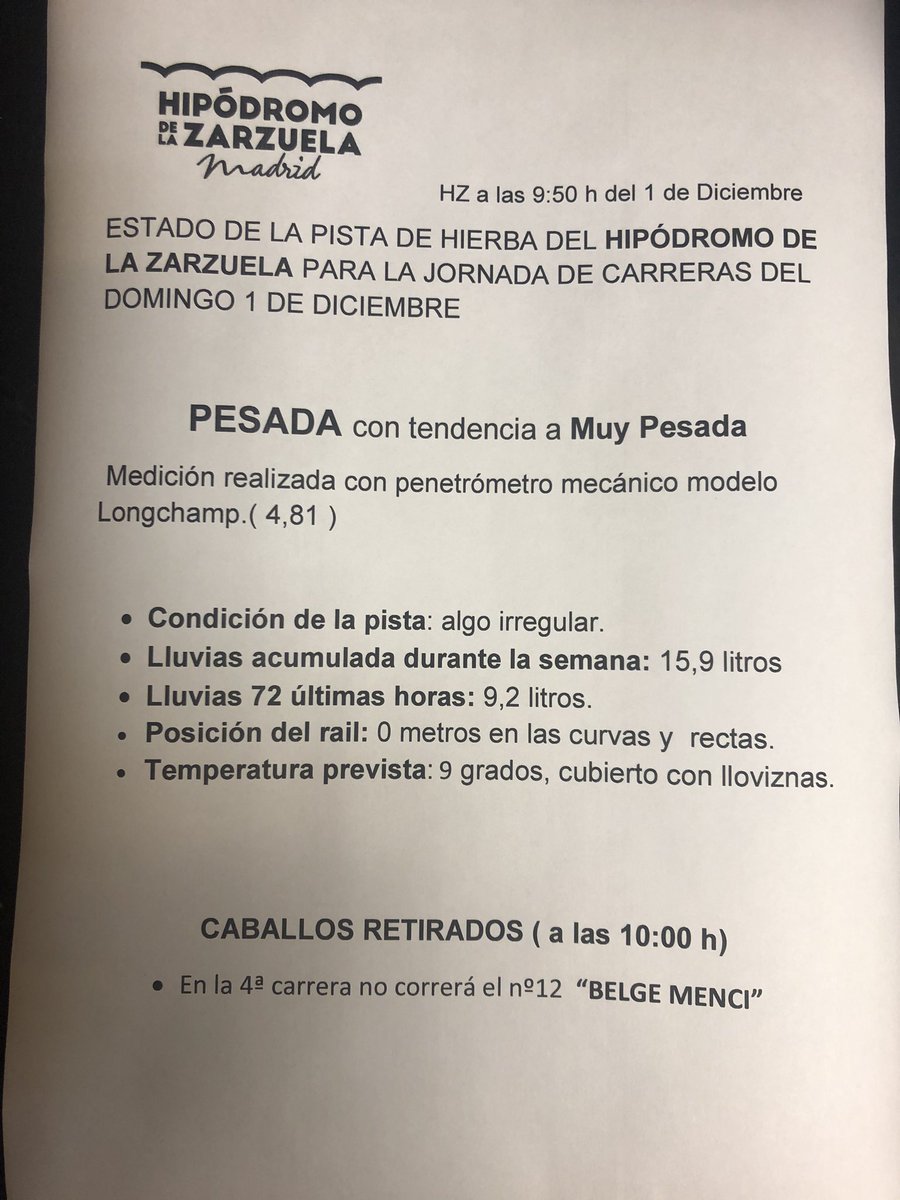 UrbanoAlvaro's tweet photo. ESTADO DE LA PISTA para el 1 de Diciembre en @HipodromoMadrid 
PESADA con tendencia a muy pesada https://t.co/YwGAr2fl71