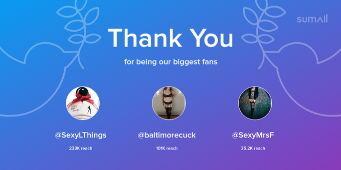 Our biggest fans this week: SexyLThings, baltimorecuck, SexyMrsF. Thank you! via https://t.co/vfXGQ8T5p7